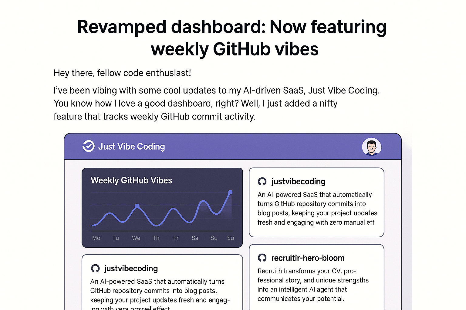 Revamped dashboard: Now featuring weekly GitHub vibes